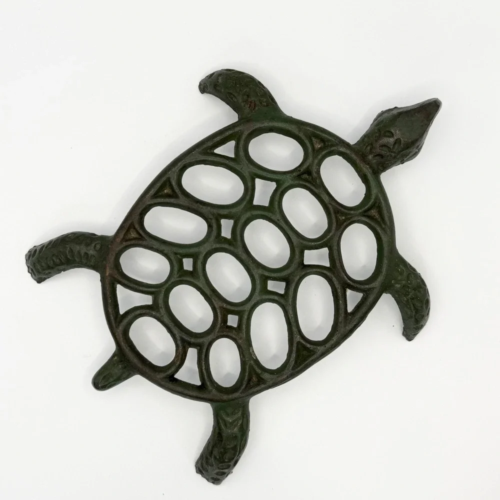 Vintage Cast Iron Turtle Trivet Green  Metal Sea Life Decor Coastal Rustic 7.5